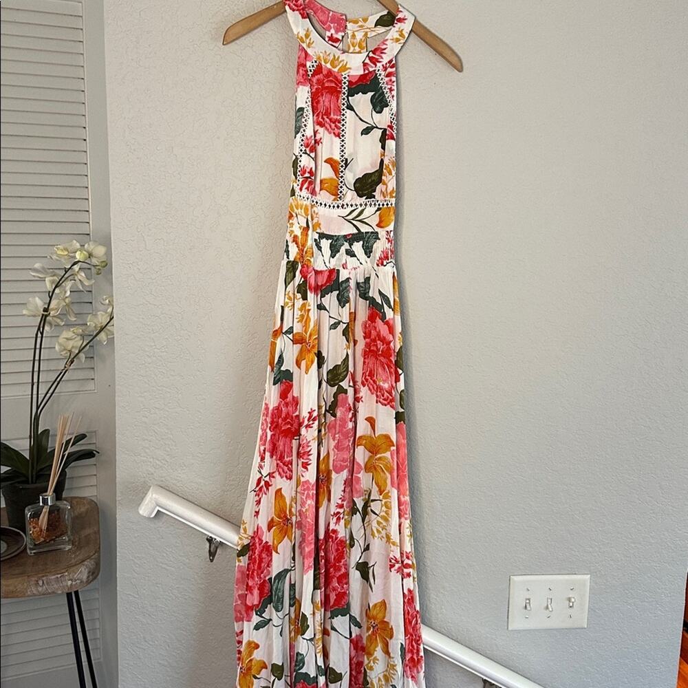 Anthropologie White Maxi Dress with Pink & Yellow Floral Print